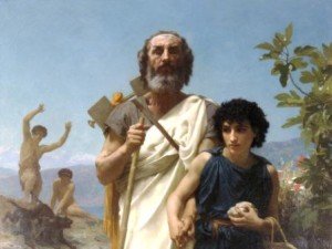 Гомер зі своїм поводирем, картина Адольфа Вільяма Бугро (1825—1905). Сцена зображує Гомера на горі Іді, на острові Крит, у супроводі поводирі Галвка (фрагмент).